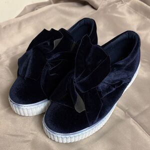 Navy Suede Fuzzy Bow Sneakers